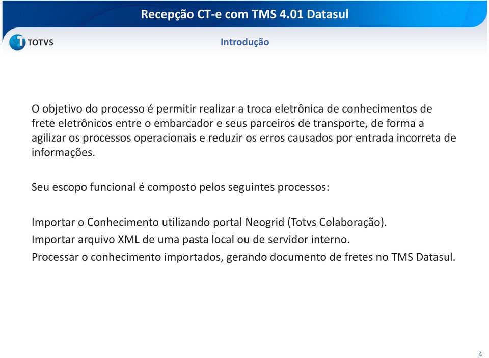 Seu escopo funcional é composto pelos seguintes processos: Importar o Conhecimento utilizando portal Neogrid(Totvs Colaboração).