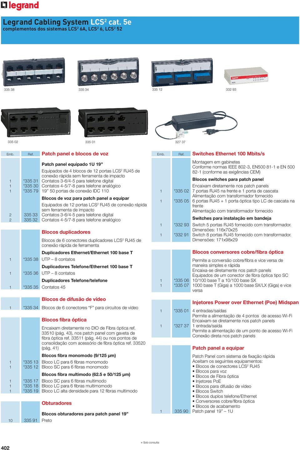 *335 30 Contatos 4-5/7-8 para telefone analógico 1 *335 79 19 50 portas de conexão IDC 110 Blocos de voz para patch panel a equipar Equipados de 12 portas LCS 2 RJ45 de conexão rápida sem ferramenta