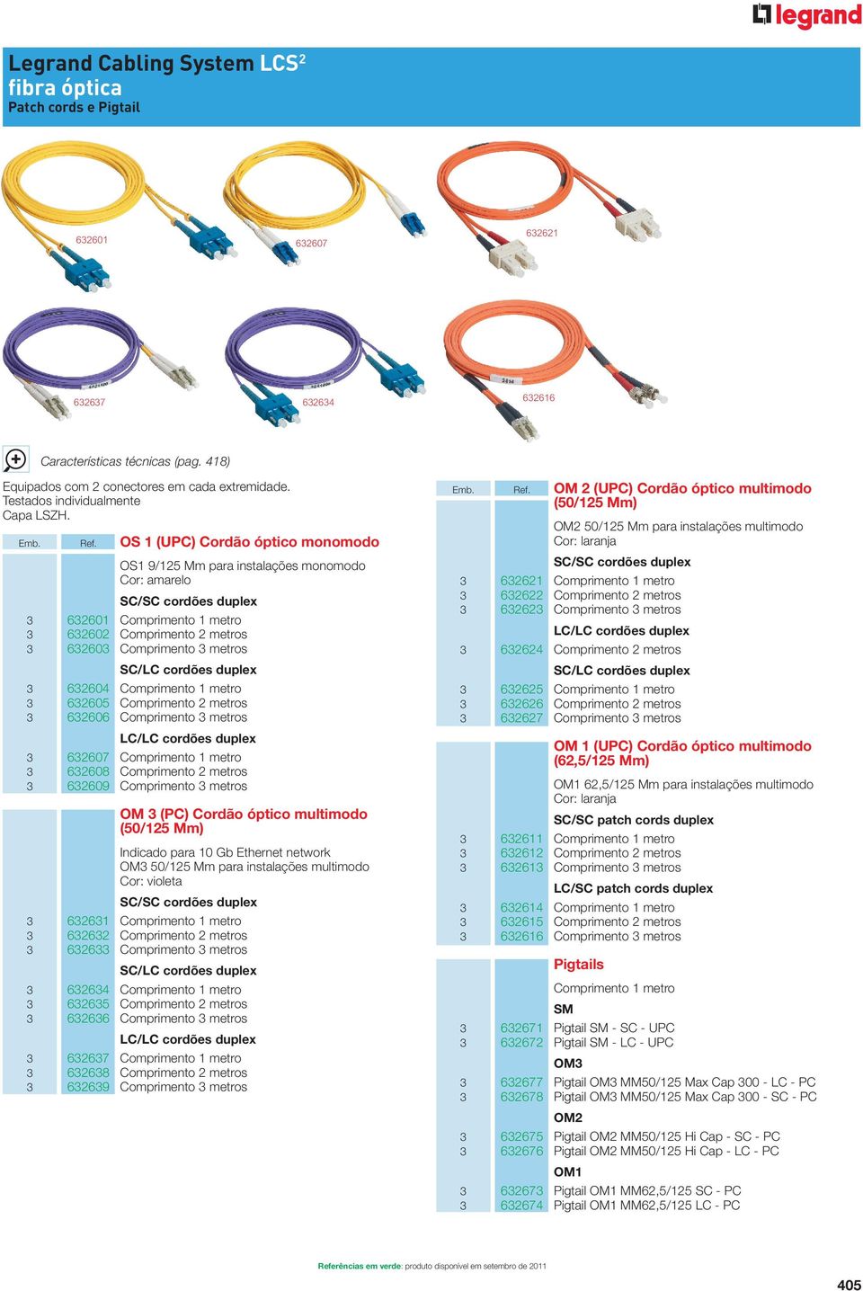 OS 1 (UPC) Cordão óptico monomodo OS1 9/125 Mm para instalações monomodo Cor: amarelo SC/SC cordões duplex 3 632601 Comprimento 1 metro 3 632602 Comprimento 2 metros 3 632603 Comprimento 3 metros