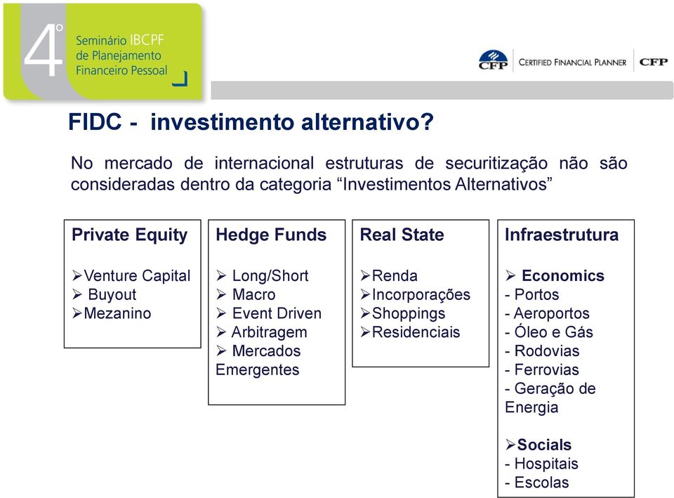 Alternativos Private Equity Hedge Funds Real State Infraestrutura Venture Capital Buyout Mezanino Long/Short Macro