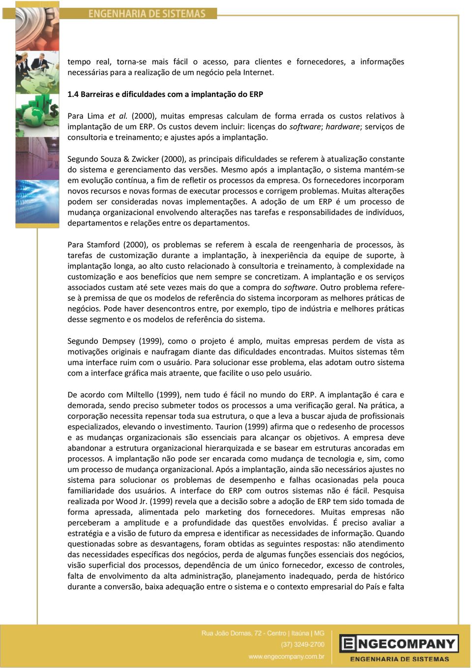 Os custos devem incluir: licenças do software; hardware; serviços de consultoria e treinamento; e ajustes após a implantação.