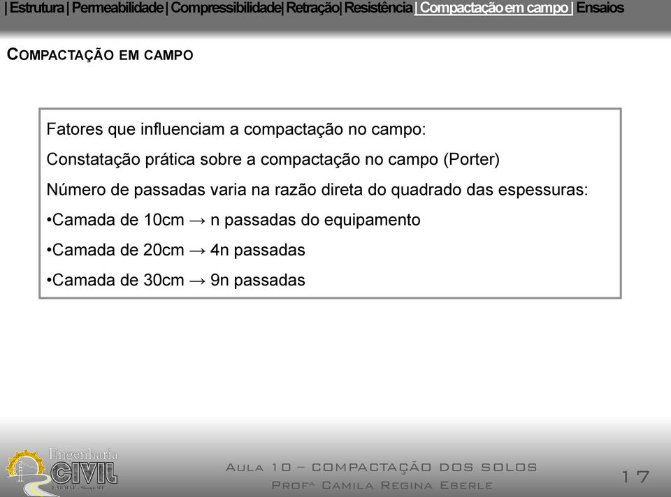 compactação no campo (Porter) Número de passadas varia na razão direta do quadrado das