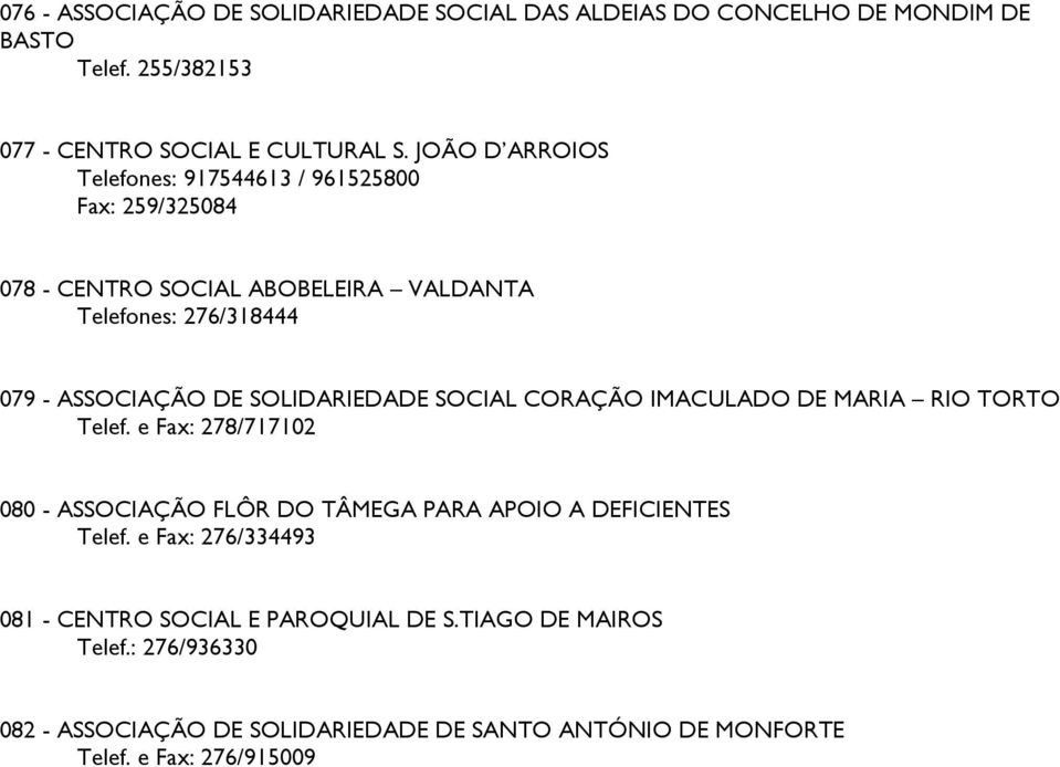 SOLIDARIEDADE SOCIAL CORAÇÃO IMACULADO DE MARIA RIO TORTO Telef. e Fax: 278/717102 080 - ASSOCIAÇÃO FLÔR DO TÂMEGA PARA APOIO A DEFICIENTES Telef.