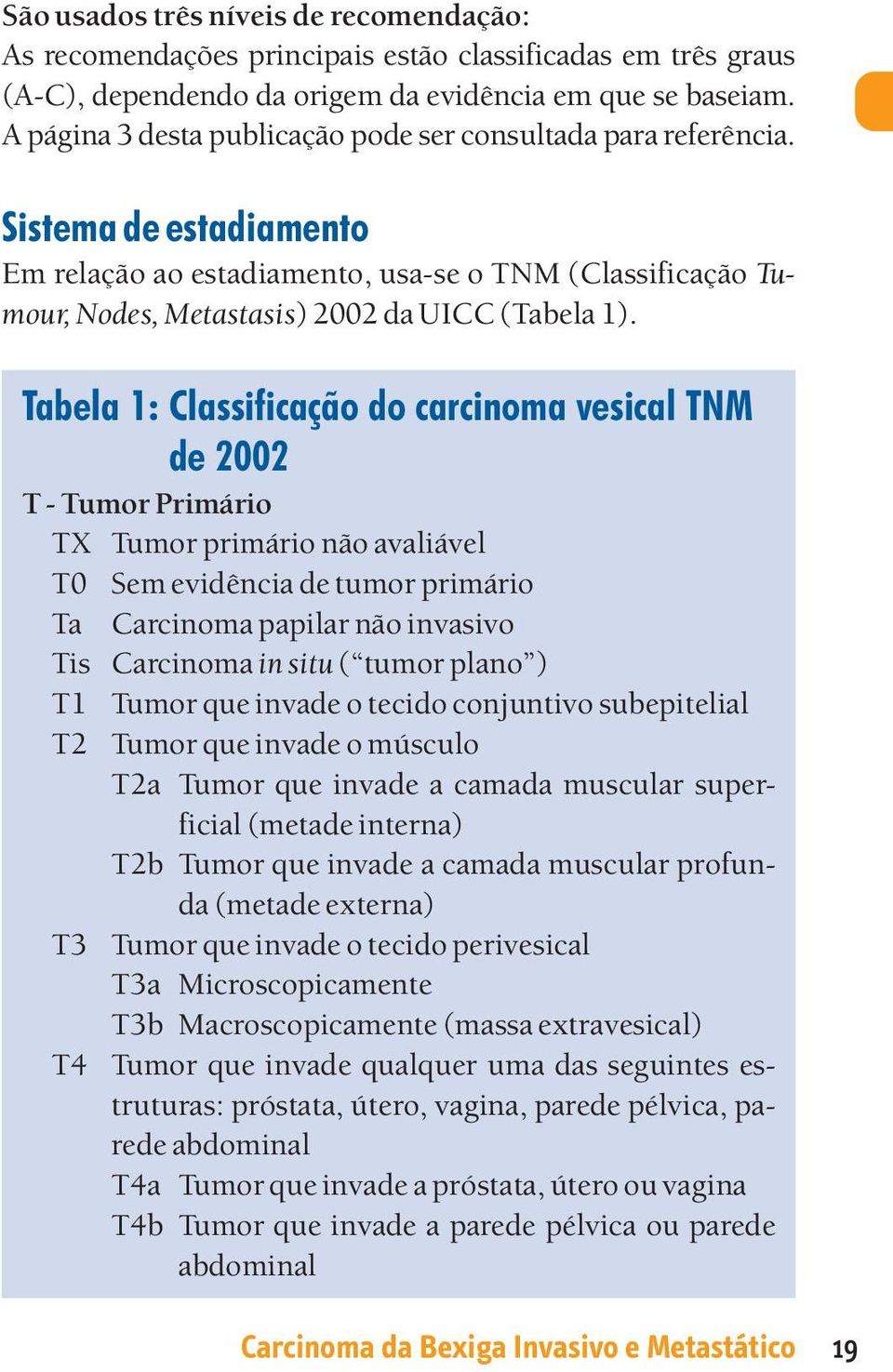 Tabela 1: Classificação do carcinoma vesical TNM de 2002 T - Tumor Primário TX Tumor primário não avaliável T0 Sem evidência de tumor primário Ta Carcinoma papilar não invasivo Tis Carcinoma in situ