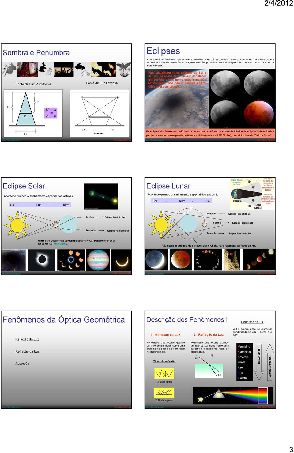 Fonte de Luz Puntiforme Fonte de Luz Extensa Para visualizarmos os eclipses do Sol e da Lua de nossa Terra, devem acontecer um perfeito alinamento entre esse três astros.