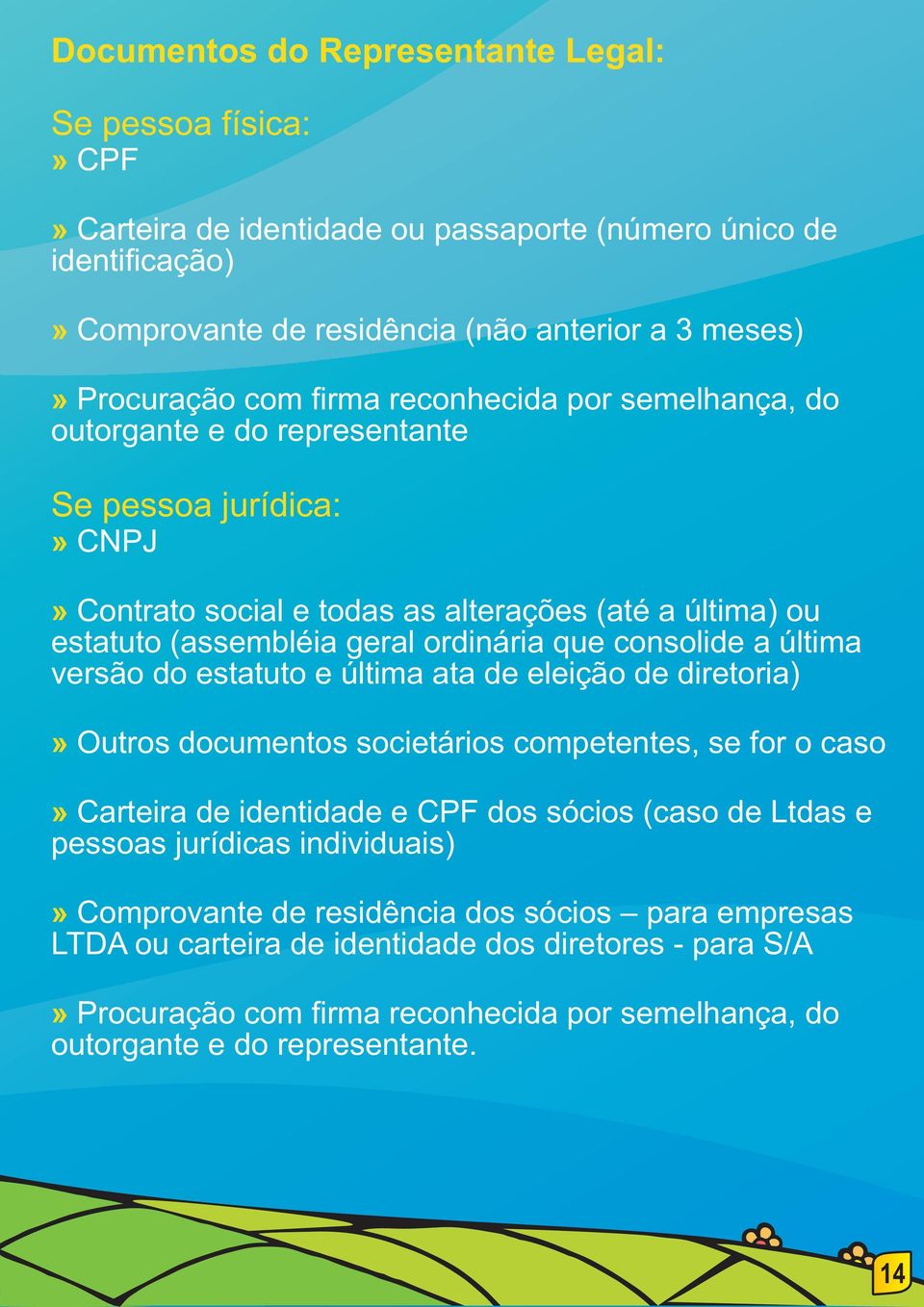 última versão do estatuto e última ata de eleição de diretoria) Outros documentos societários competentes, se for o caso Carteira de identidade e CPF dos sócios (caso de Ltdas e pessoas jurídicas