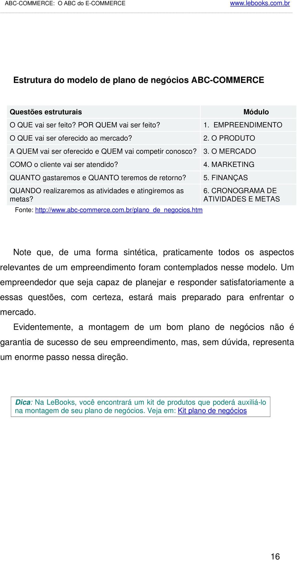 Fonte: http://www.abc-commerce.com.br/plano_de_negocios.htm Módulo 1. EMPREENDIMENTO 2. O PRODUTO 3. O MERCADO 4. MARKETING 5. FINANÇAS 6.