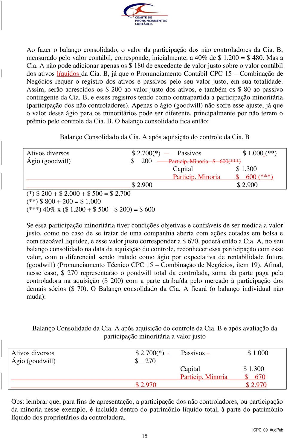 B, já que o Pronunciamento Contábil CPC 15 Combinação de Negócios requer o registro dos ativos e passivos pelo seu valor justo, em sua totalidade.