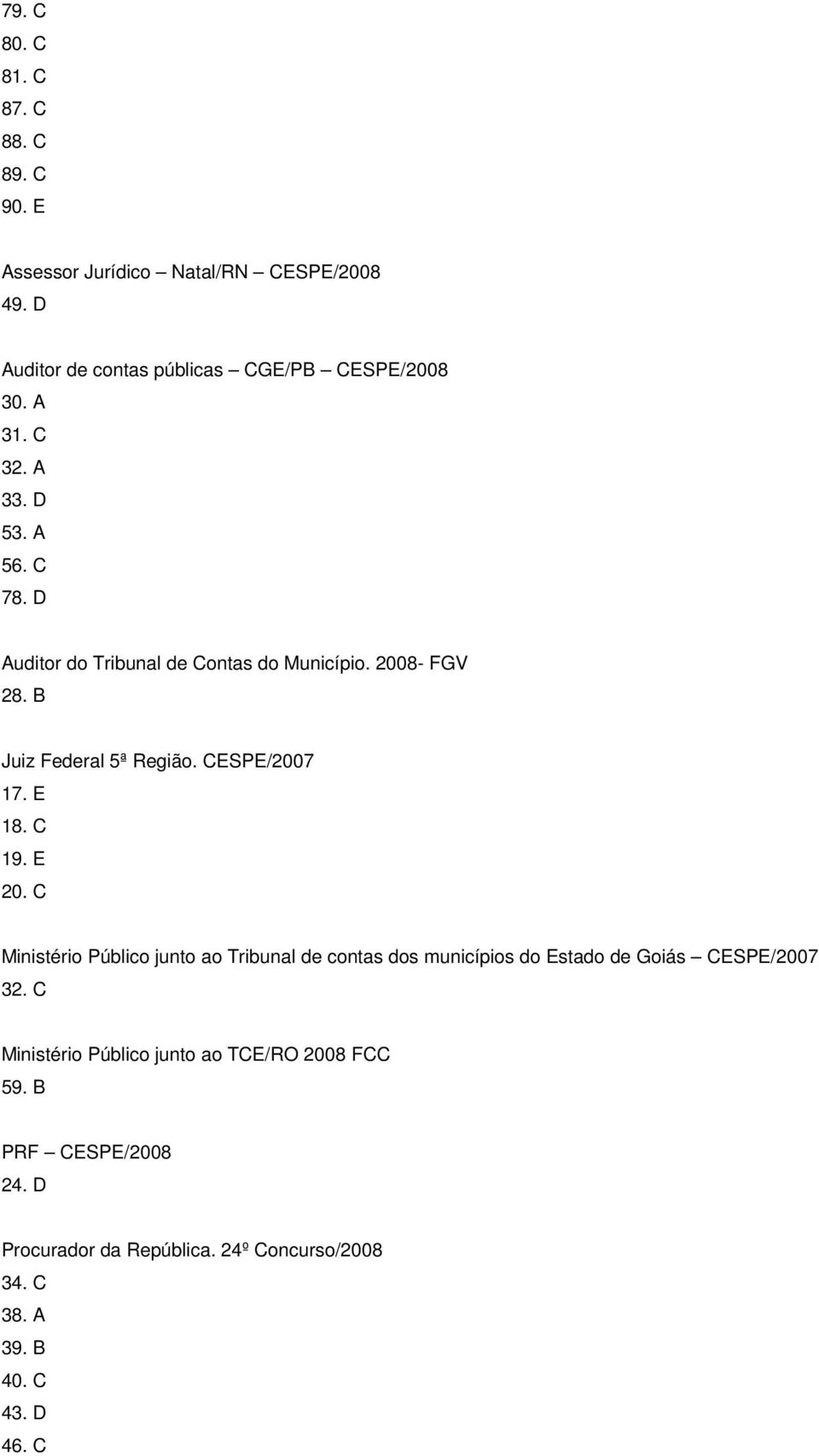 CESPE/2007 17. E 18. C 19. E 20. C Ministério Público junto ao Tribunal de contas dos municípios do Estado de Goiás CESPE/2007 32.