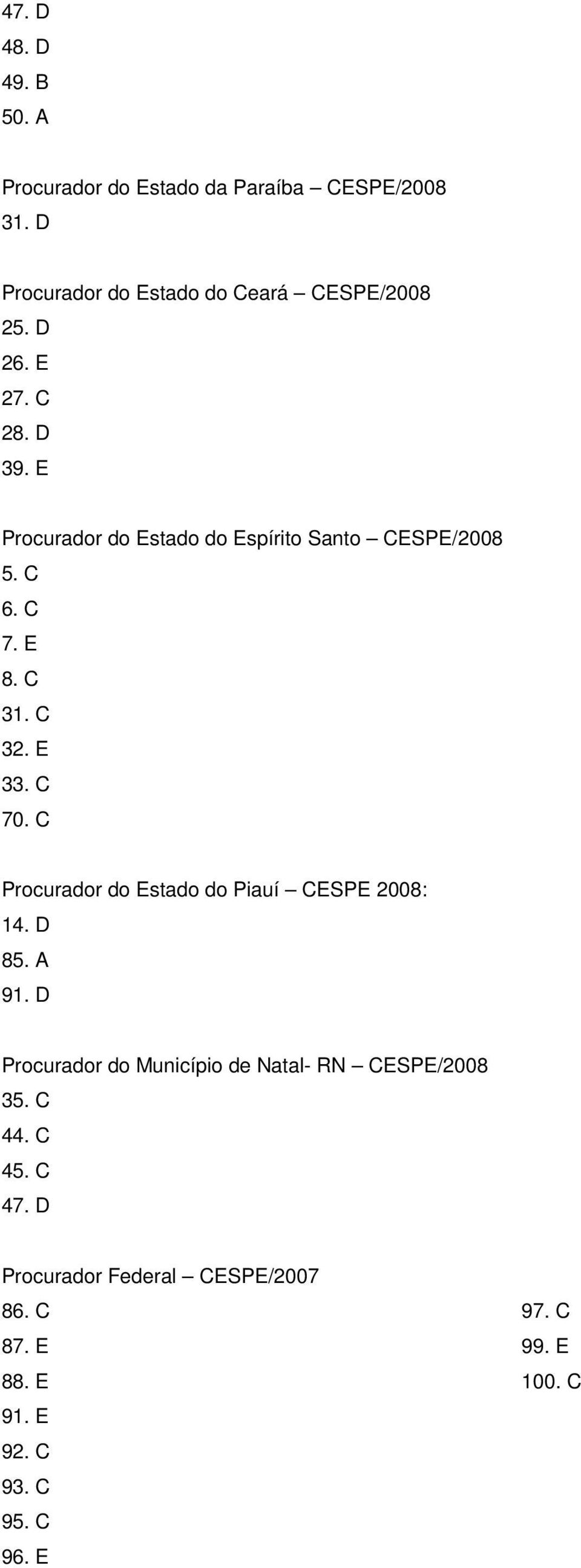 C Procurador do Estado do Piauí CESPE 2008: 14. D 85. A 91. D Procurador do Município de Natal- RN CESPE/2008 35.