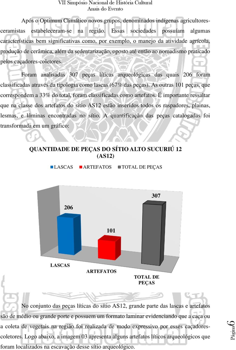 praticado pelos caçadores-coletores. Foram analisadas 307 peças líticas arqueológicas das quais 206 foram classificadas através da tipologia como lascas (67% das peças).