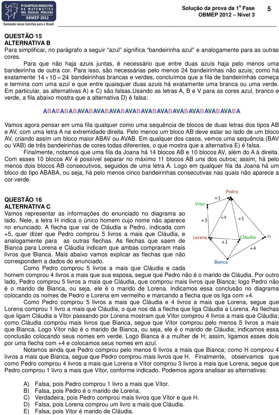 Para isso, são necessárias pelo menos 4 bandeirinhas não azuis; como há exatamente 14 +10 = 4 bandeirinhas brancas e verdes, concluímos que a fila de bandeirinhas começa e termina com uma azul e que