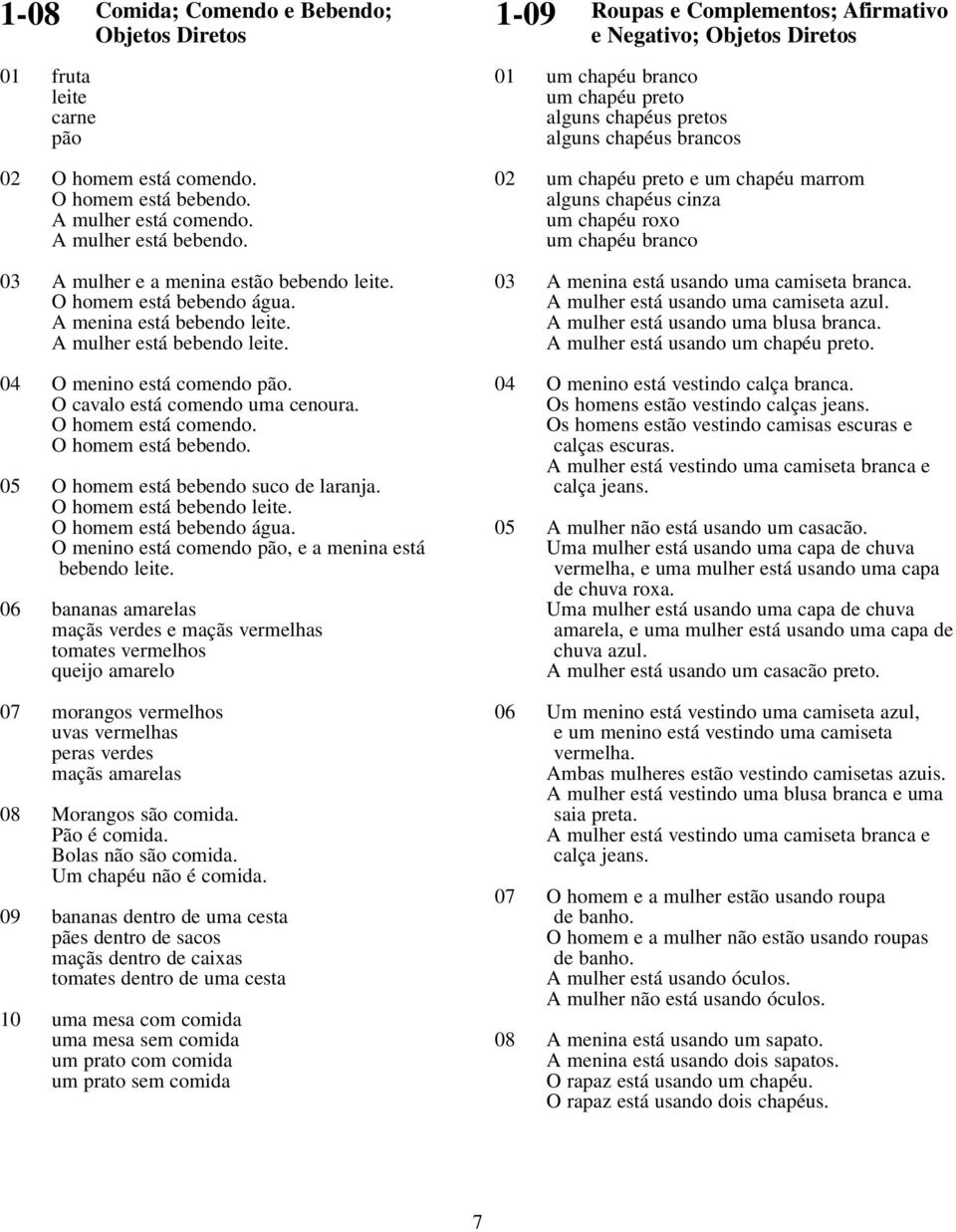 O homem está comendo. O homem está bebendo. 05 O homem está bebendo suco de laranja. O homem está bebendo leite. O homem está bebendo água. O menino está comendo pão, e a menina está bebendo leite.