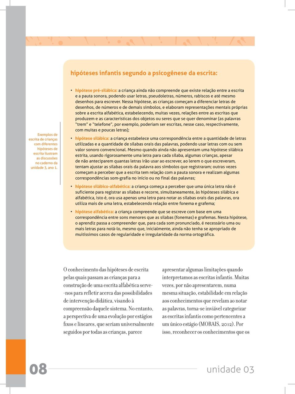 Nessa hipótese, as crianças começam a diferenciar letras de desenhos, de números e de demais símbolos, e elaboram representações mentais próprias sobre a escrita alfabética, estabelecendo, muitas