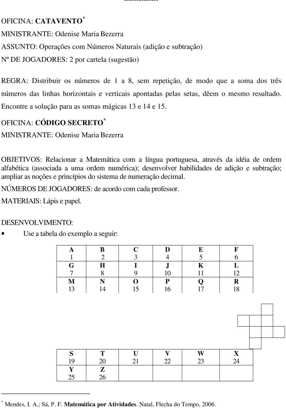 OFICINA: CÓDIGO SECRETO * OBJETIVOS: Relacionar a Matemática com a língua portuguesa, através da idéia de ordem alfabética (associada a uma ordem numérica); desenvolver habilidades de adição e