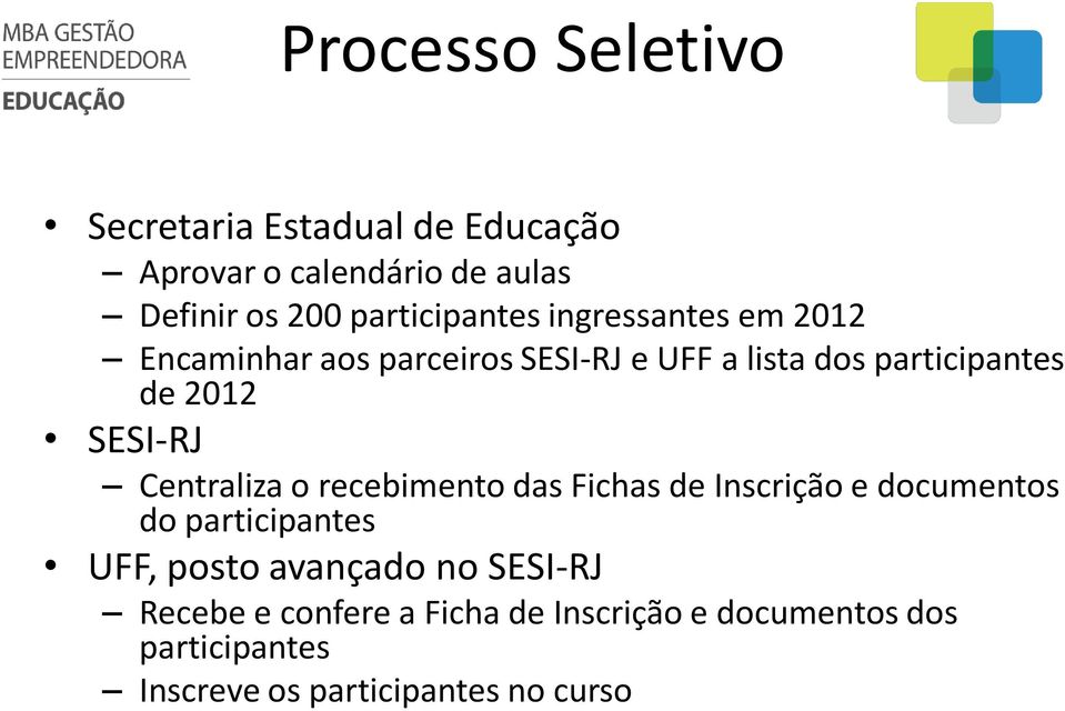 2012 SESI-RJ Centraliza o recebimento das Fichas de Inscrição e documentos do participantes UFF, posto