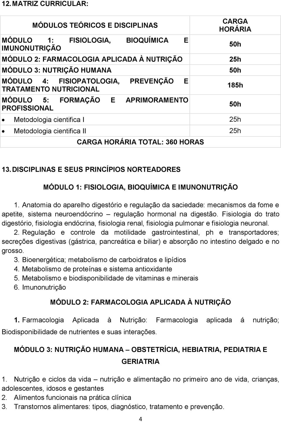 HORAS 50h 13. DISCIPLINAS E SEUS PRINCÍPIOS NORTEADORES MÓDULO 1: FISIOLOGIA, BIOQUÍMICA E IMUNONUTRIÇÃO 1.