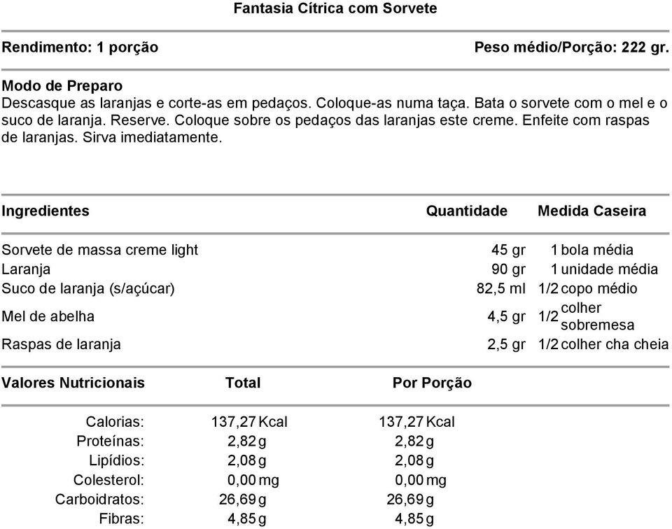 Sorvete de massa creme light 45 gr 1 bola média Laranja 90 gr 1 unidade média Suco de laranja (s/açúcar) 82,5 ml 1/2 copo médio Mel de abelha 4,5 gr 1/2 colher sobremesa