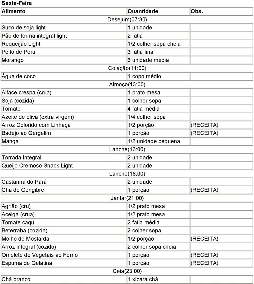 fatia 1/2 colher sopa cheia 3 fatia fina Colação(11:00) 6 unidade média 1 copo médio Almoço(13:00) 1 prato mesa 1 colher sopa 4 fatia média 1/4 colher sopa Arroz Colorido com Linhaça 1/2 porção