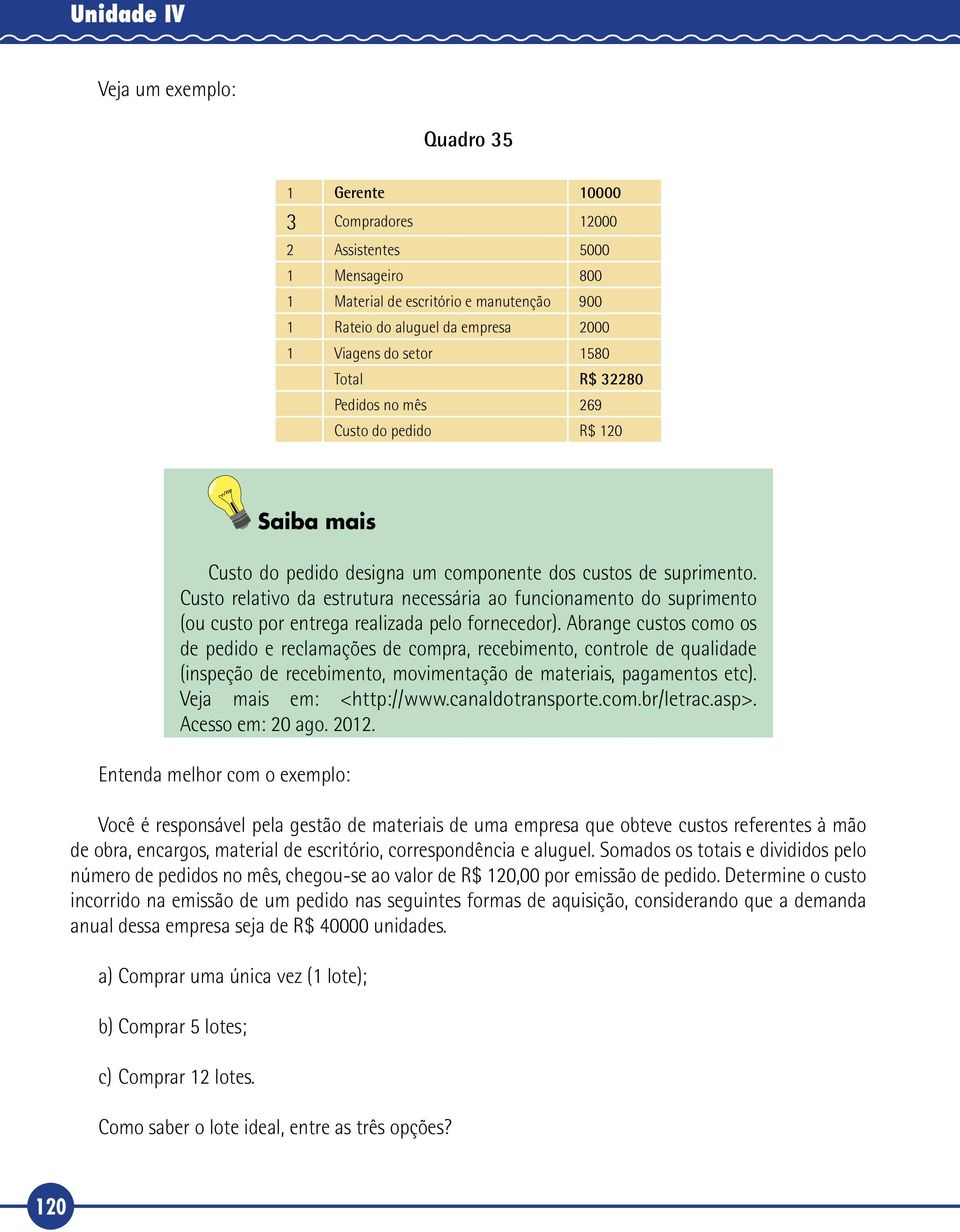 Custo relativo da estrutura necessária ao funcionamento do suprimento (ou custo por entrega realizada pelo fornecedor).