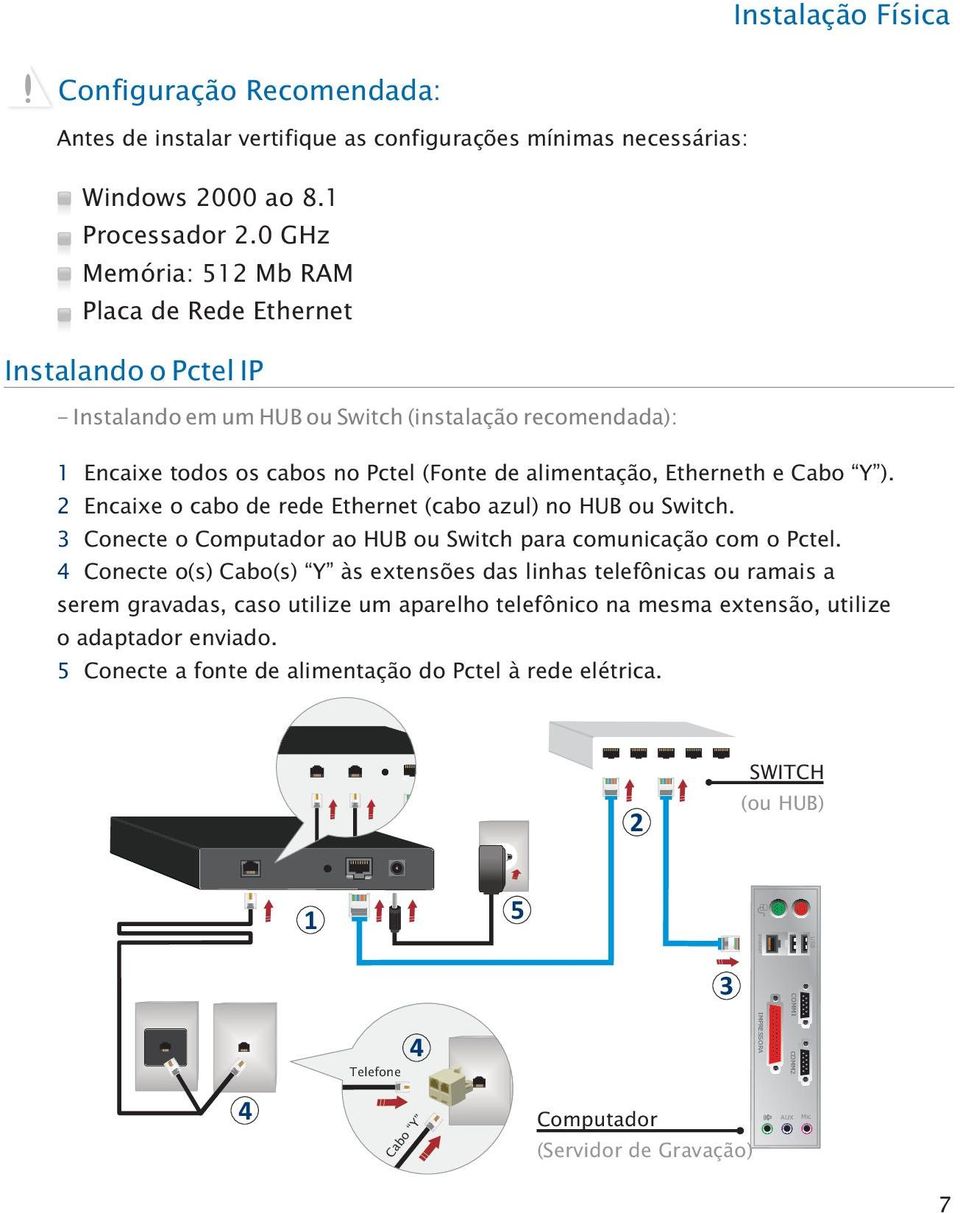 Cabo Y ). 2 Encaixe o cabo de rede Ethernet (cabo azul) no HUB ou Switch. 3 Conecte o Computador ao HUB ou Switch para comunicação com o Pctel.
