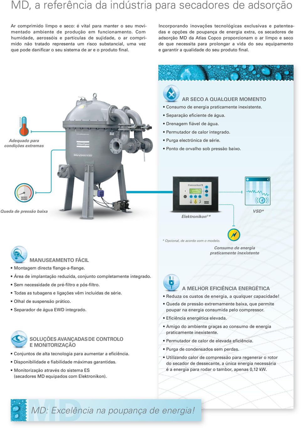 Incorporando inovações tecnológicas exclusivas e patenteadas e opções de poupança de energia extra, os secadores de adsorção MD da Atlas Copco proporcionam o ar limpo e seco de que necessita para