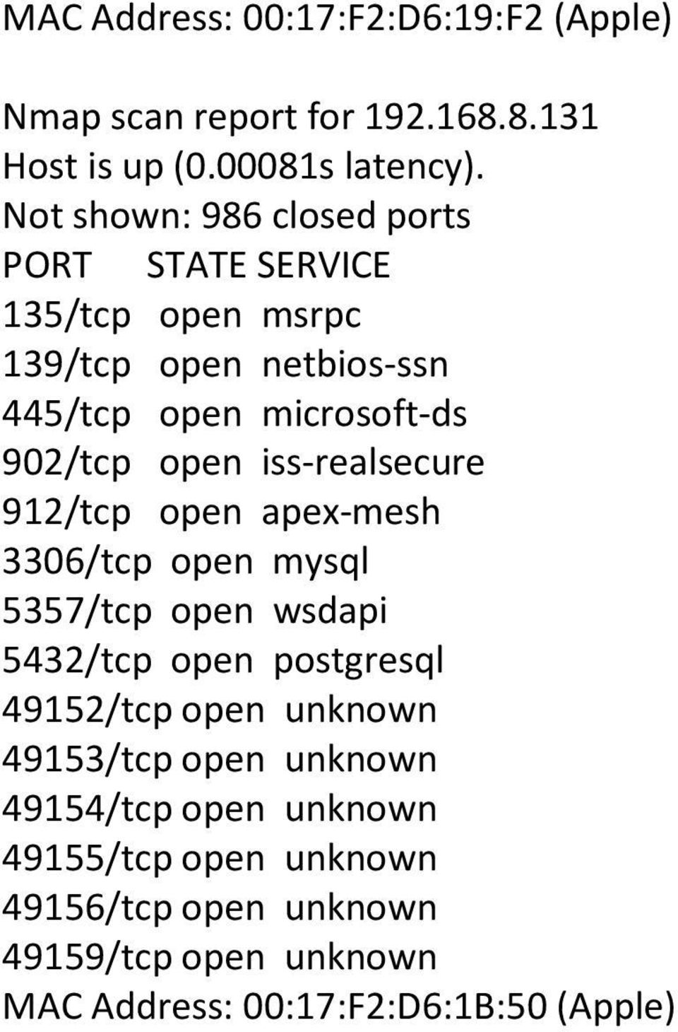 Not shown: 986 closed ports 3306/tcp open mysql 5432/tcp open postgresql 49152/tcp