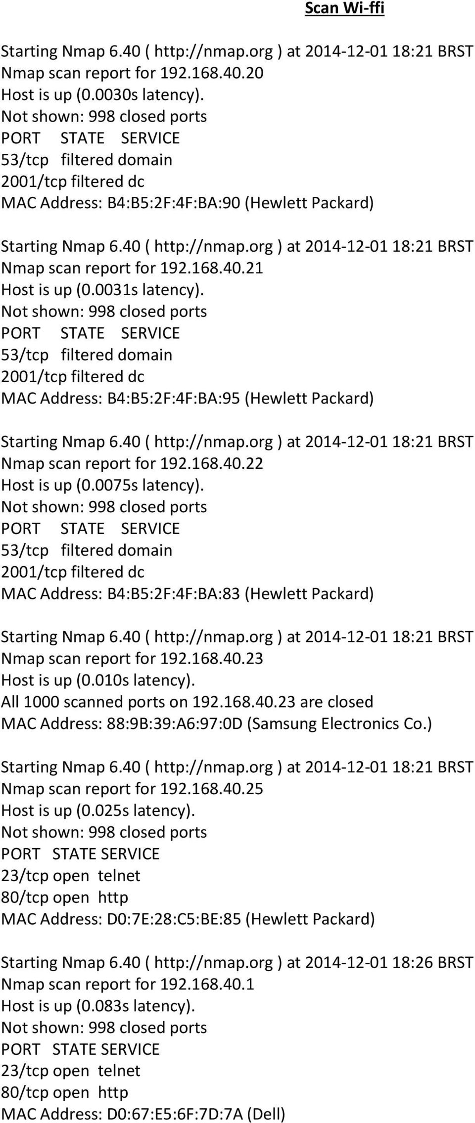 MAC Address: B4:B5:2F:4F:BA:95 (Hewlett Packard) Starting Nmap 6.40 ( http://nmap.org ) at 2014-12-01 18:21 BRST Nmap scan report for 192.168.40.22 Host is up (0.0075s latency).