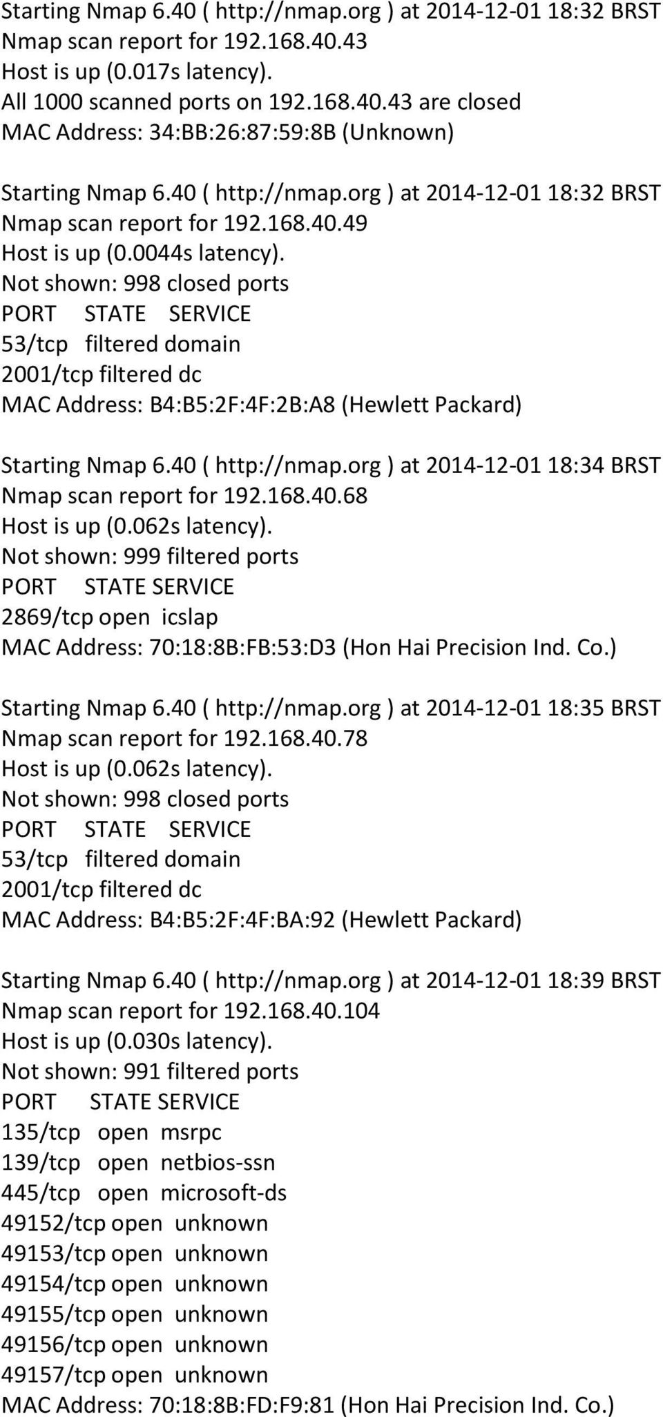 168.40.68 Host is up (0.062s latency). Not shown: 999 filtered ports MAC Address: 70:18:8B:FB:53:D3 (Hon Hai Precision Ind. Co.) Starting Nmap 6.40 ( http://nmap.