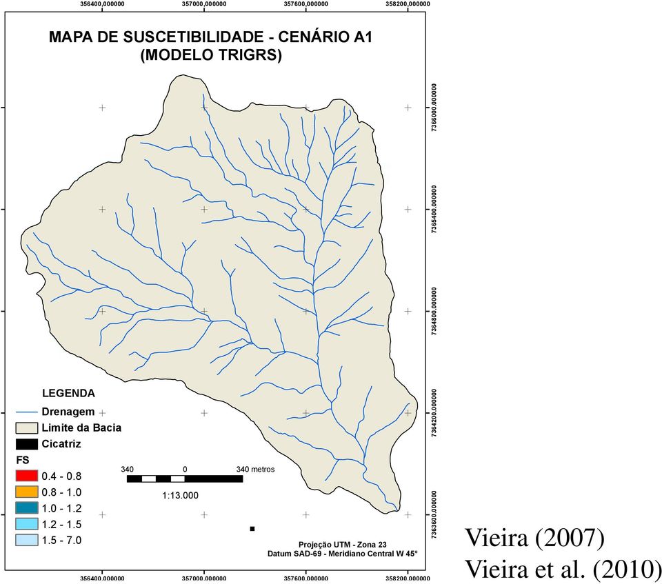 TRIGRS) FS LEGENDA Drenagem Limite da Bacia Cicatriz 0.4-0.8 0.8-1.0 1:13.000. 1.0-1.2 1.2-1.5 1.5-7.