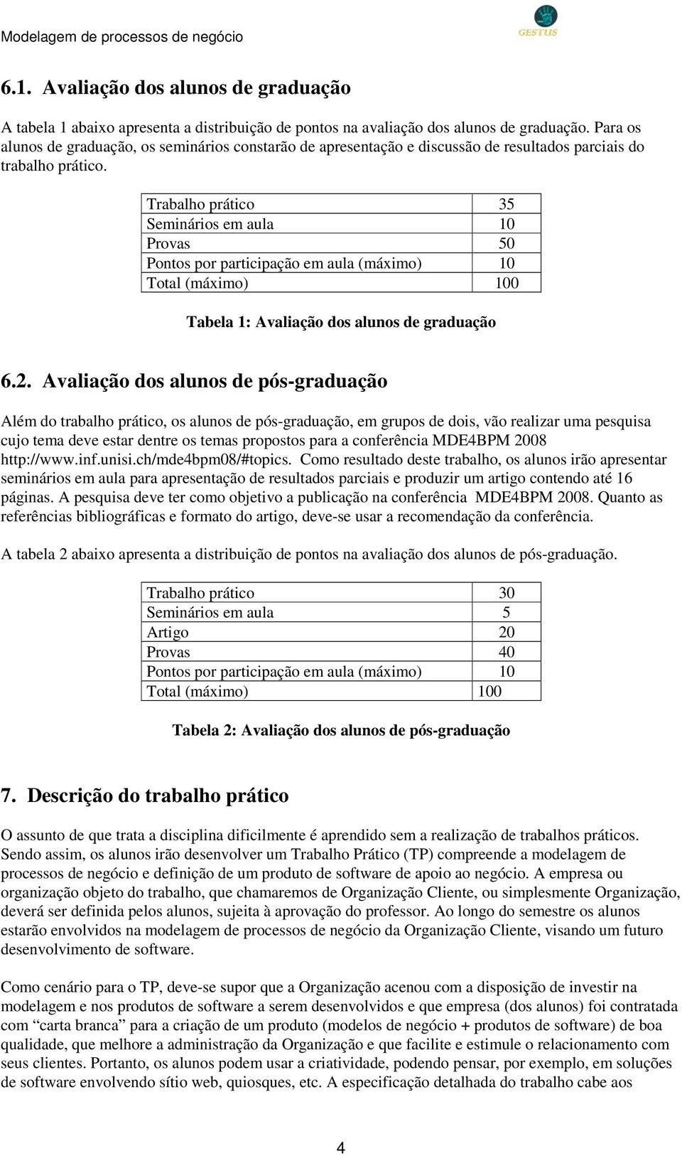 Trabalho prático 35 Seminários em aula 10 Provas 50 Pontos por participação em aula (máximo) 10 Total (máximo) 100 Tabela 1: Avaliação dos alunos de graduação 6.2.