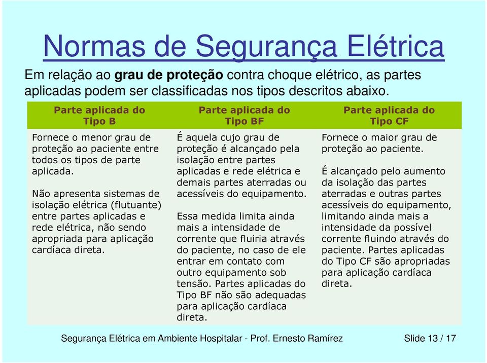 Não apresenta sistemas de isolação elétrica (flutuante) entre partes aplicadas e rede elétrica, não sendo apropriada para aplicação cardíaca direta.