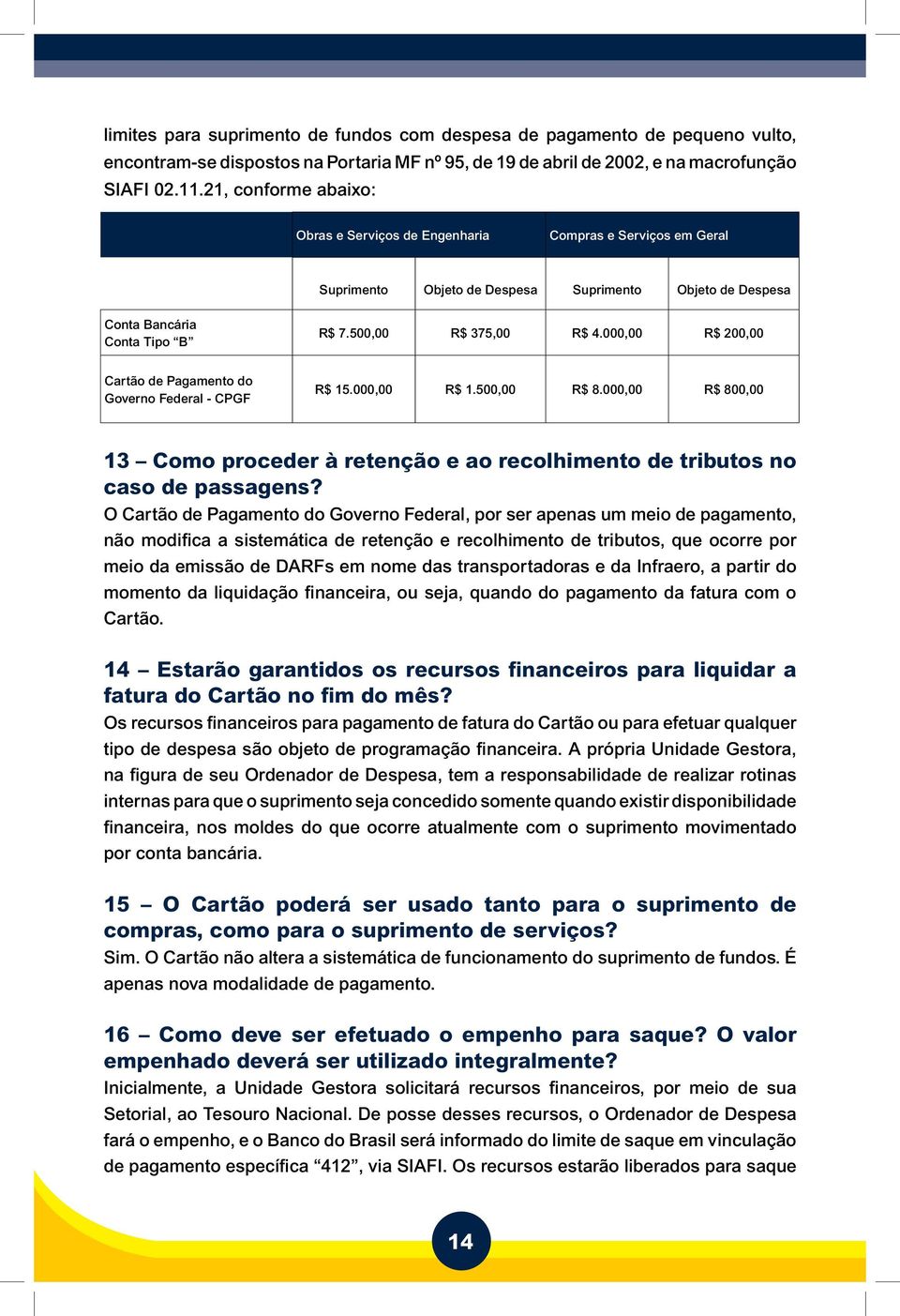 000,00 R$ 200,00 Cartão de Pagamento do Governo Federal - CPGF R$ 15.000,00 R$ 1.500,00 R$ 8.000,00 R$ 800,00 13 Como proceder à retenção e ao recolhimento de tributos no caso de passagens?