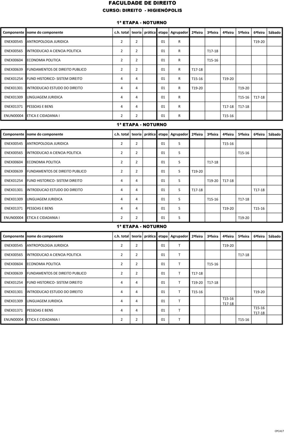 2 2 01 R 1ª ETAPA - NOTURNO ENEX00545 ANTROPOLOGIA JURIDICA 2 2 01 S ENEX00565 INTRODUCAO A CIENCIA POLITICA 2 2 01 S ENEX00604 ECONOMIA POLITICA 2 2 01 S ENEX00639 FUNDAMENTOS DE DIREITO PUBLICO 2 2