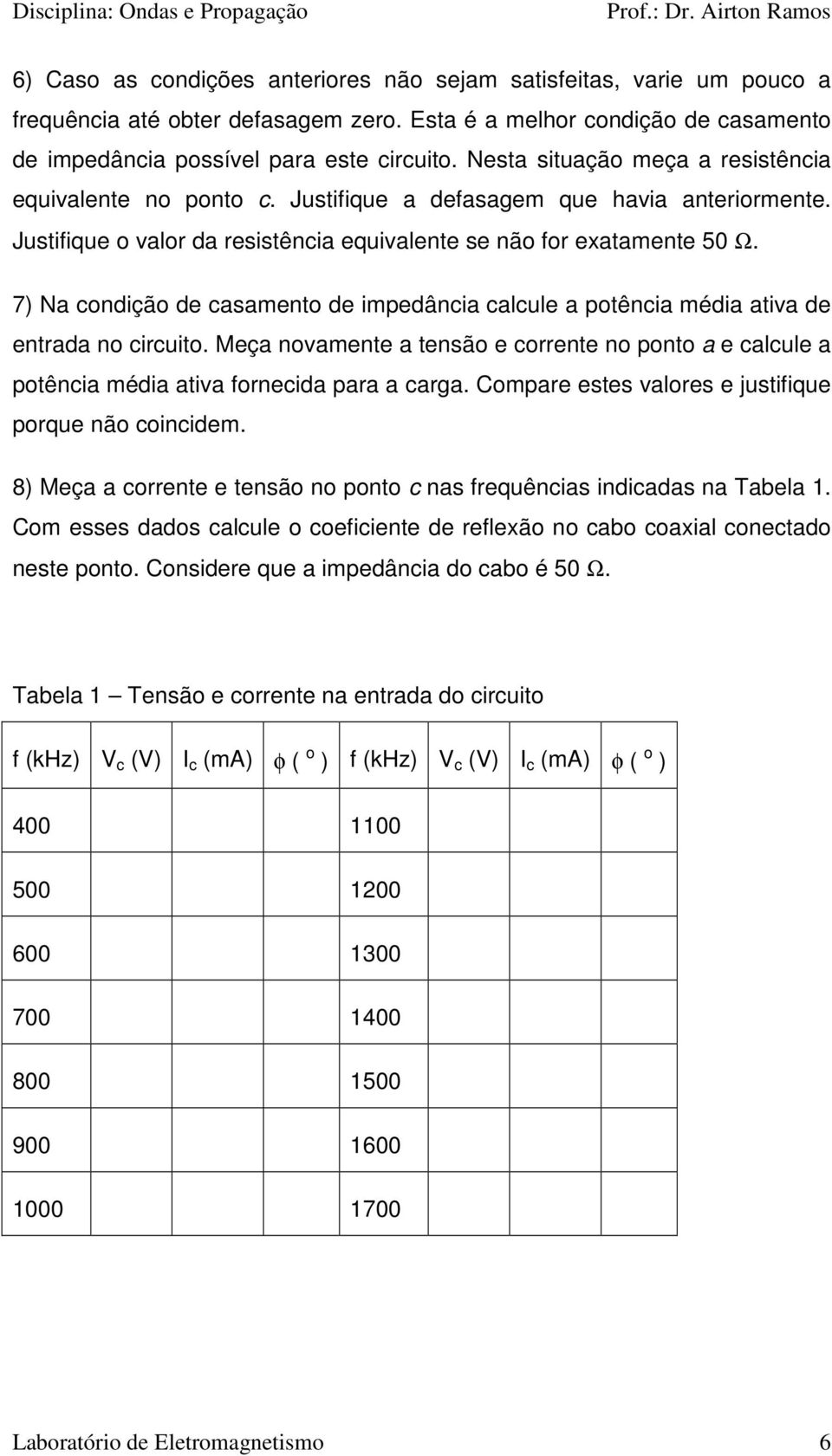 Justifique o valor da resistência equivalente se não for exatamente 50 Ω. 7) Na condição de casamento de impedância calcule a potência média ativa de entrada no circuito.