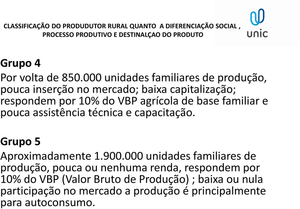 familiar e pouca assistência técnica e capacitação. Grupo 5 Aproximadamente 1.900.