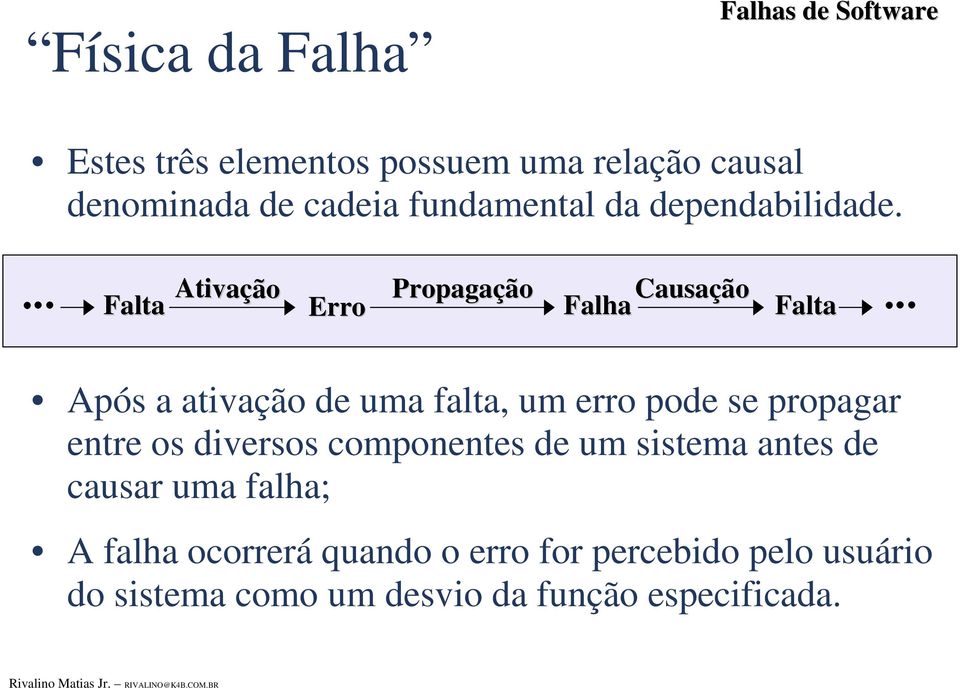 Falta Ativação Erro Propagação Causação Falha Falta Após a ativação de uma falta, um erro pode se