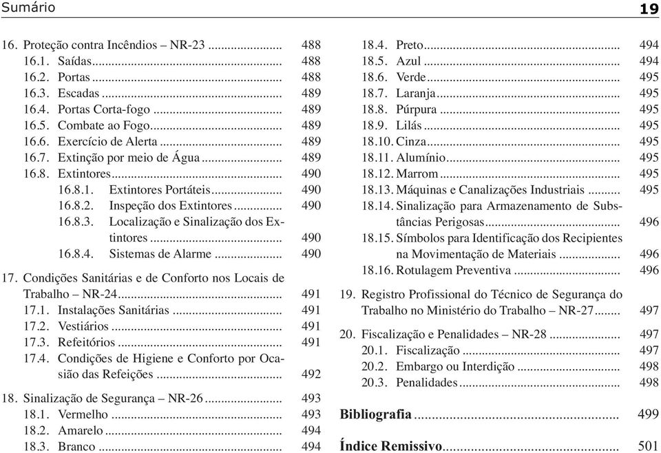 .. 490 16.8.4. Sistemas de Alarme... 490 17. Condições Sanitárias e de Conforto nos Locais de Trabalho NR-24... 491 17.1. Instalações Sanitárias... 491 17.2. Vestiários... 491 17.3. Refeitórios.