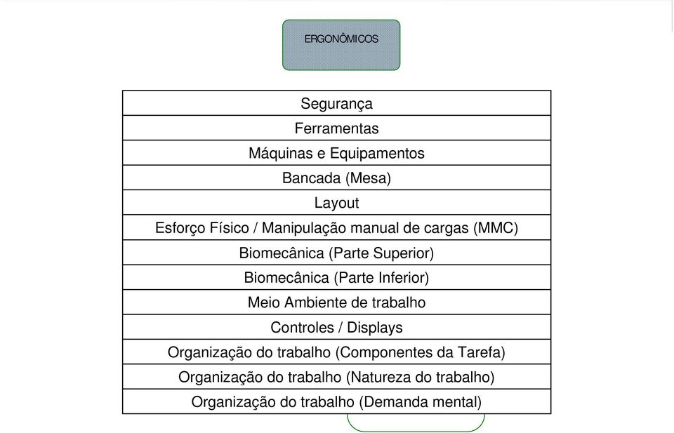 ERGONÔMICOS Meio Ambiente de trabalho Controles / Displays Organização do trabalho (Componentes