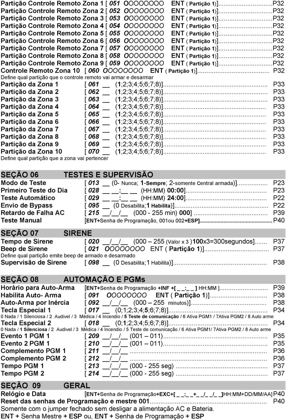 ..P32 Partição Controle Remoto Zona 5 [ 055 OOOOOOOO ENT ( Partição 1)]...P32 Partição Controle Remoto Zona 6 [ 056 OOOOOOOO ENT ( Partição 1)].