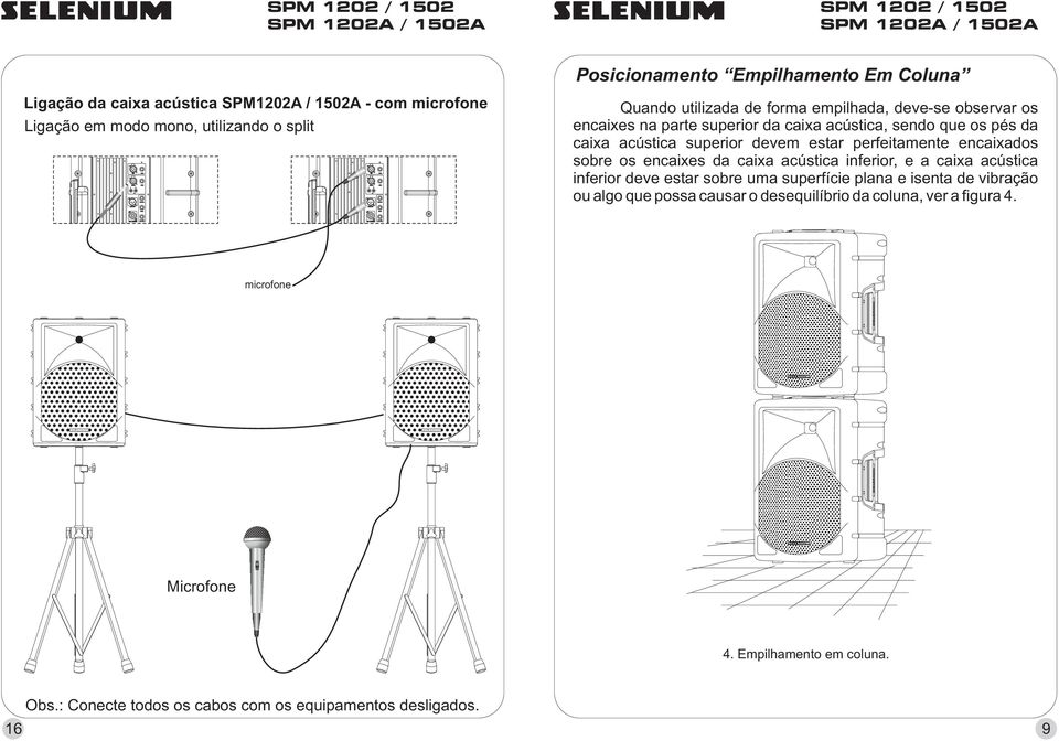 encaixados sobre os encaixes da caixa acústica inferior, e a caixa acústica inferior deve estar sobre uma superfície plana e isenta de vibração ou algo que