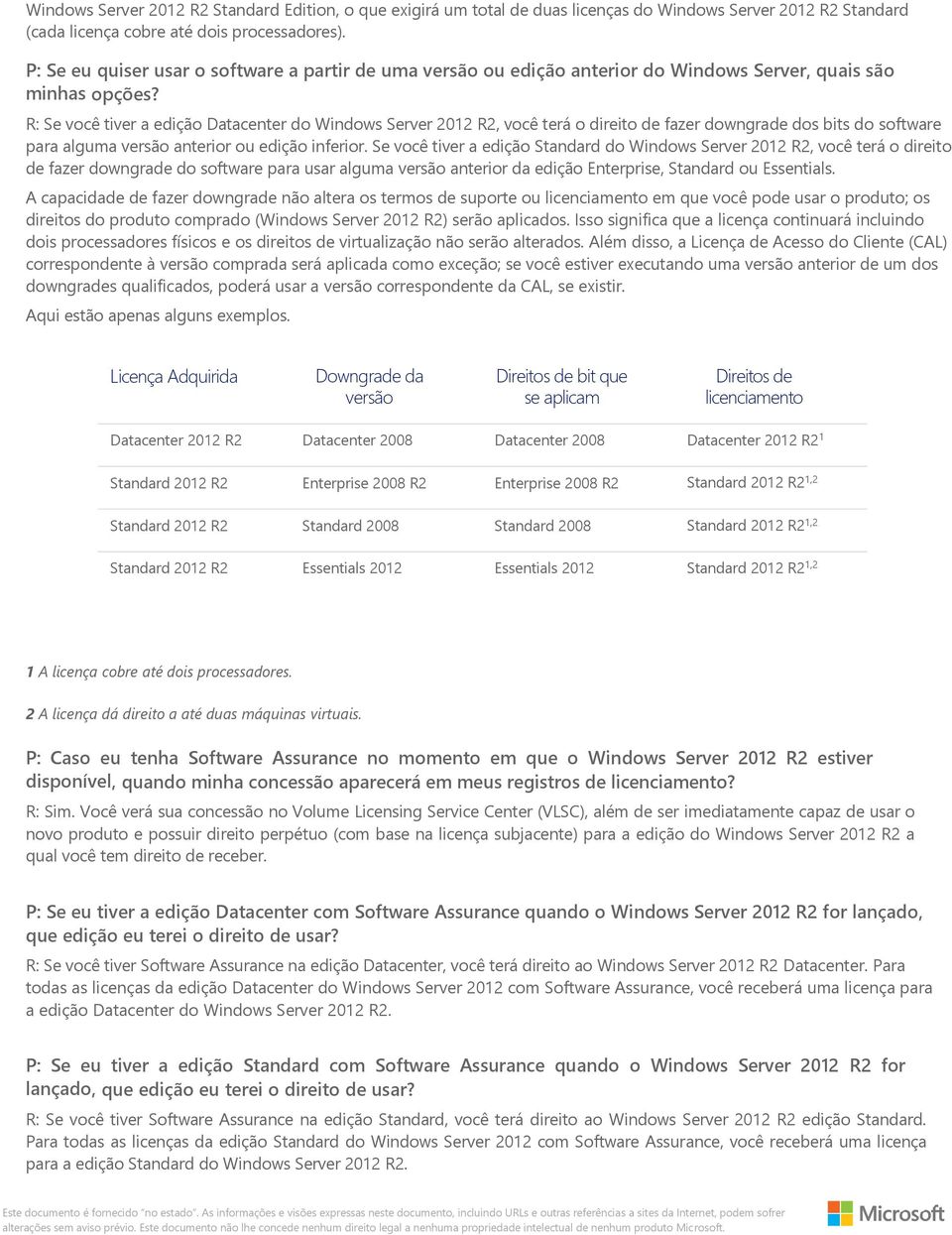 R: Se vcê tiver a ediçã Datacenter d Windws Server 2012 R2, vcê terá direit de fazer dwngrade ds bits d sftware para alguma versã anterir u ediçã inferir.