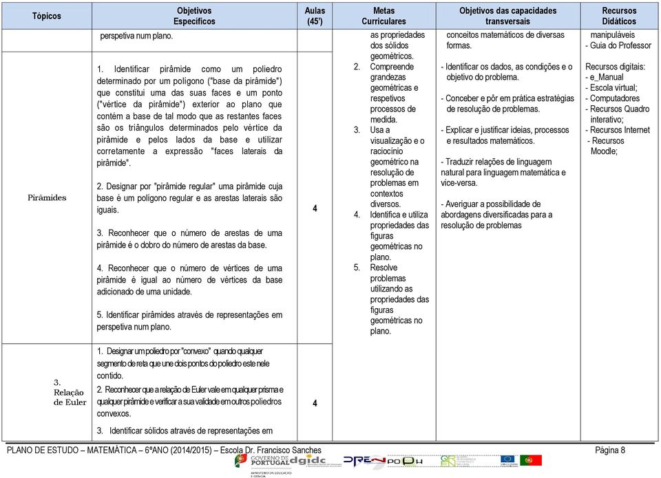 modo que as restantes faces são os triângulos determinados pelo vértice da pirâmide e pelos lados da base e utilizar corretamente a expressão "faces laterais da pirâmide". 2.