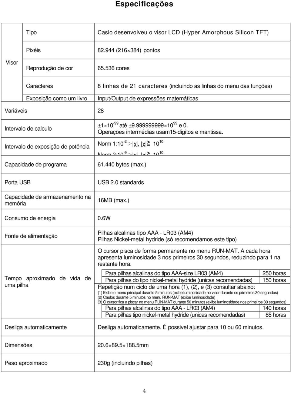 exposição de potência Capacidade de programa ±1 10-99 até ±9.999999999 10 99 e 0. Operações intermédias usam15-digitos e mantissa. Norm 1:10-2 > χ, χ 10 10 Norm 2:10-9 > χ, χ 10 10 61.440 bytes (max.