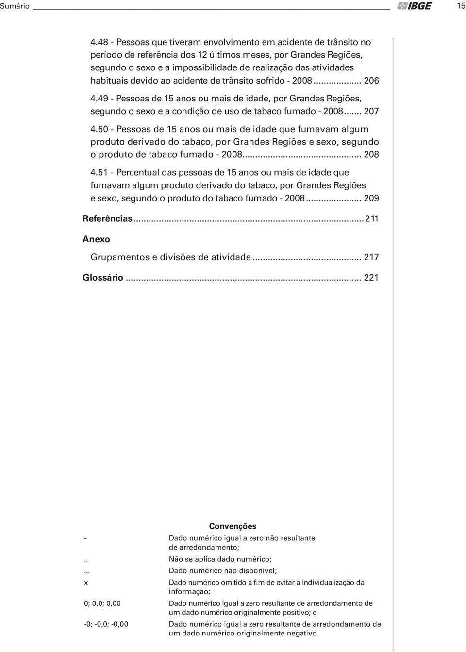 habituais devido ao acidente de trânsito sofrido - 2008... 206 4.49 - Pessoas de 15 anos ou mais de idade, por Grandes Regiões, segundo o sexo e a condição de uso de tabaco fumado - 2008... 207 4.