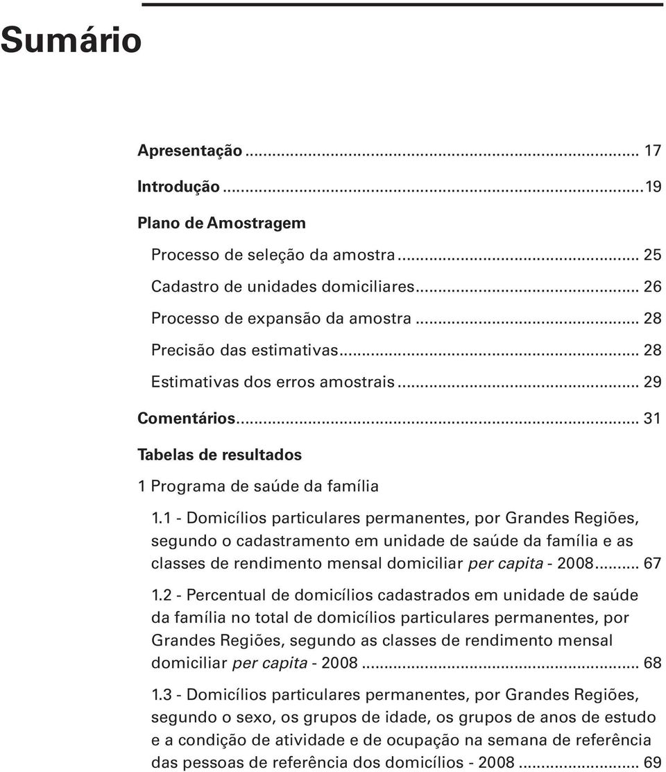 1 - Domicílios particulares permanentes, por Grandes Regiões, segundo o cadastramento em unidade de saúde da família e as classes de rendimento mensal domiciliar per capita - 2008... 67 1.