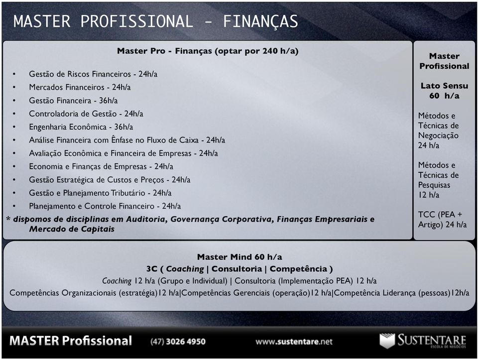 Custos e Preços - 24h/a Gestão e Planejamento Tributário - 24h/a Planejamento e Controle Financeiro - 24h/a * dispomos de disciplinas em Auditoria, Governança Corporativa, Finanças Empresariais e