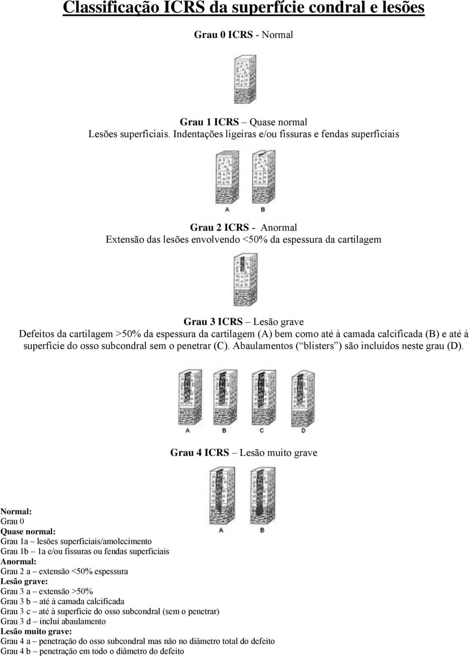 espessura da cartilagem (A) bem como até à camada calcificada (B) e até à superfície do osso subcondral sem o penetrar (C). Abaulamentos ( blisters ) são incluídos neste grau (D).