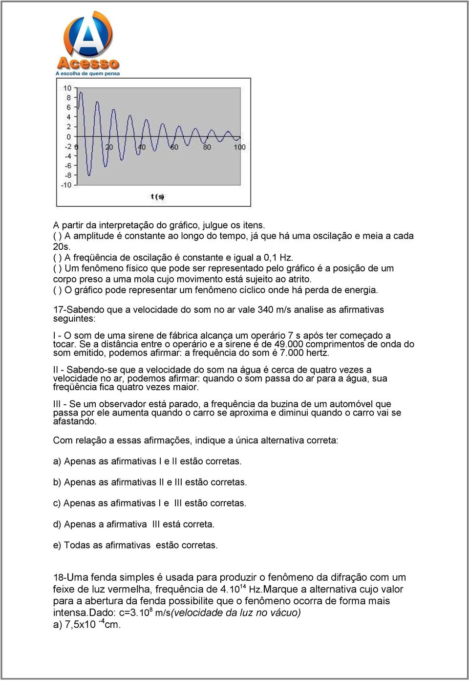 ( ) Um fenômeno físico que pode ser representado pelo gráfico é a posição de um corpo preso a uma mola cujo movimento está sujeito ao atrito.