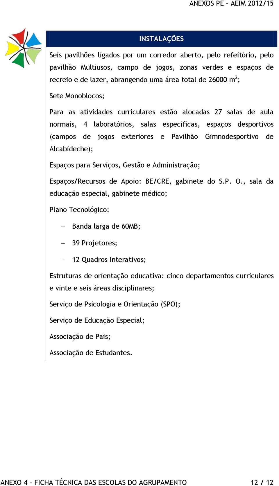 Gimnodesportivo de Alcabideche); Espaços para Serviços, Gestão e Administração; Espaços/Recursos de Apoio: BE/CRE, gabinete do S.P. O.